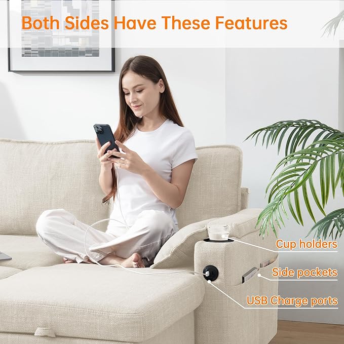 DURASPACE Sofa Bed Sleeper Sofa Pull Out Couch with Double Storage Chaise Sectional for Living Room U Shaped Couch with Removable Covers (Beige)