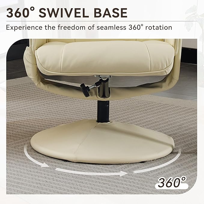 Pushback Recliner ChairComfy Wingback Adjustable Backrest Artificial Leather Accent Armchair with Footstool Trim &amp Wood Base Swivel Sofa Chair for Living Room Office Home Theater Bedroom (Beige)