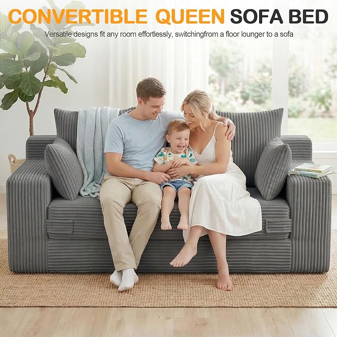 Oversize Loveseat Boneless Convertible Sofa Bed Folding Floor Futon Sleeper Sofa Queen Size Couch Bed- Boneless Foldable Couch Corduroy Pull Out Sofa Bed with 5 Pillows for Living Room &amp Bedroom