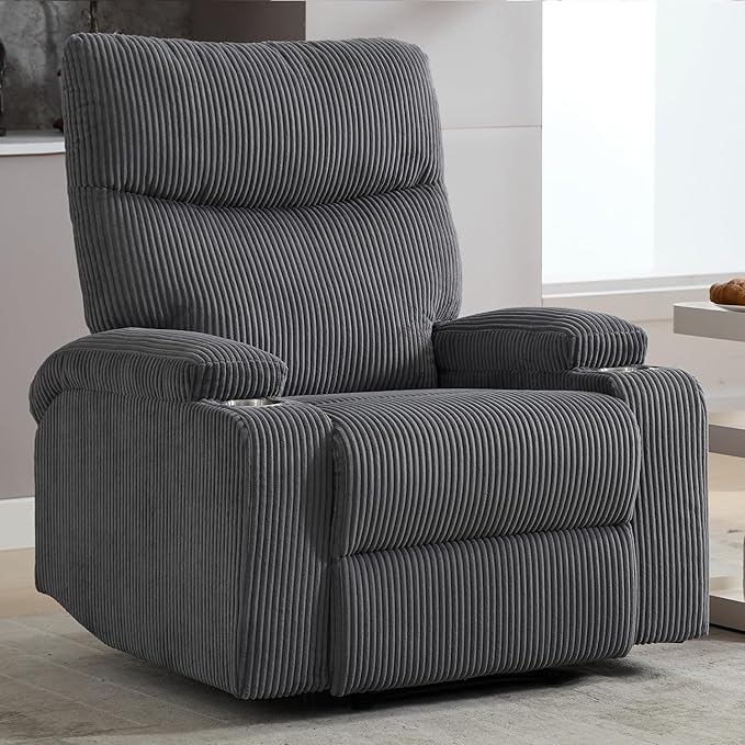 Manual Recliner Chair with Pull Ring 3 Position 140° Reclining Sofa for Living Room Nursery RV and OfficeOversized Recliner Chairs for Adults(Grey Corduroy Fabric)