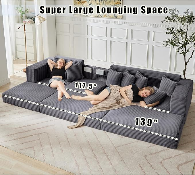 110 Oversized L Shaped Convertible Sleeper Sofa Bed Corduroy Folding Sectional Sofa with 8 Pillows &amp Storage Bags Modern Floor Mattress Couch for Living Room Small Spaces Dark Grey Left Chaise