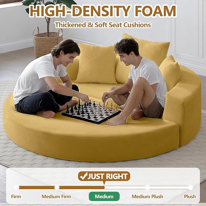 67'' Circular Convertible Compressed Sofa Bed Yellow Corduroy Floor Lounge Round Boneless Couch Loveseat Sleeper Sofa Couch with 3 Cushions No Assembly for Apartment Bedroom