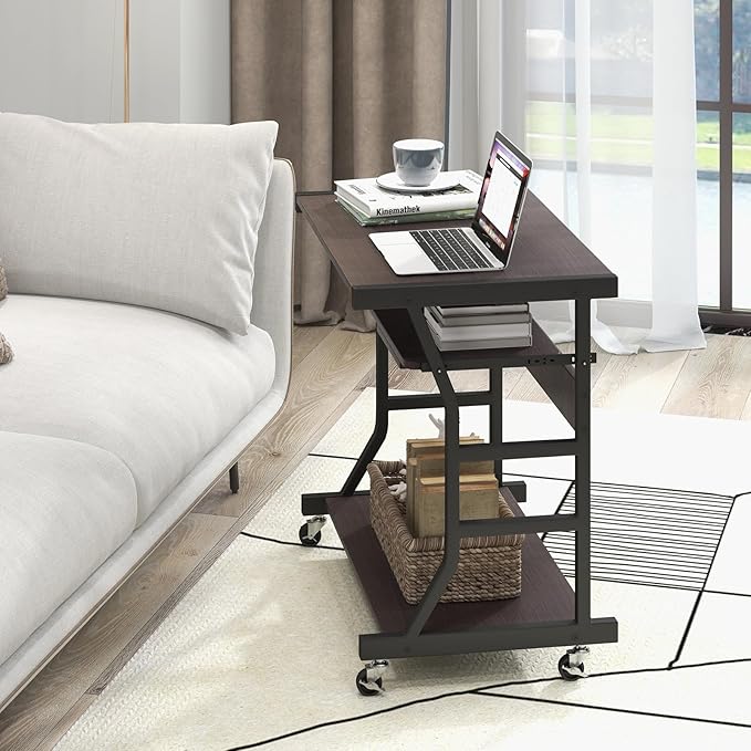 Tangkula Mobile Computer Desk with Keyboard Tray Portable Small Rolling Desk with Mouse Tray &amp Bottom Storage Shelf Rolling Laptop PC Desk Cart with Lockable Wheels for Small Space (Brown)