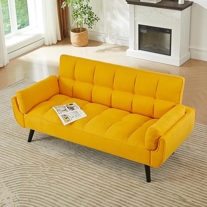 Sofa Couch for Living Room 74.8 Linen Tufted Modern Comfy Couch with Pillow-Top Armrest 3 Seater Upholstered Sofa for Small Spaces Office Apartment Golden Yellow