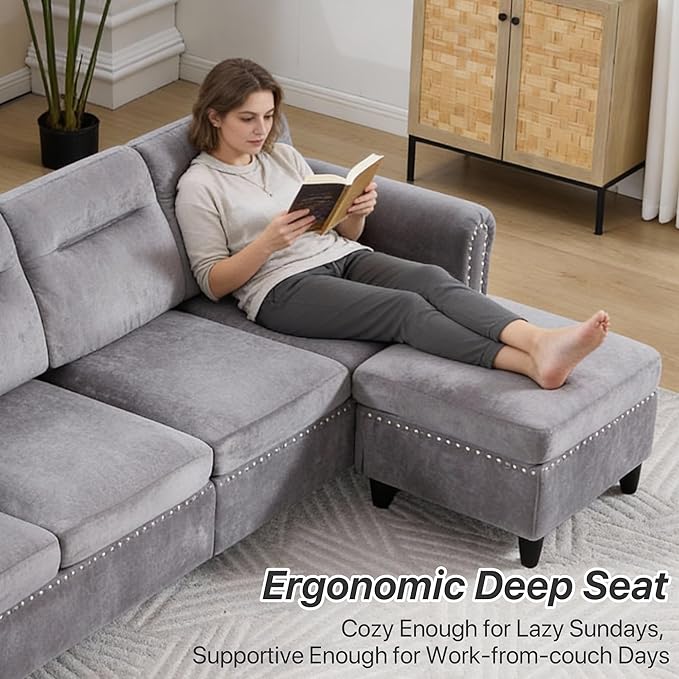 Westice 106 Modular Sectional Sofa with Movable Ottoman Deep-Seat L-Shaped Couch 4-Seater Modern Sofa for Living Room Bedroom or Apartment Gray