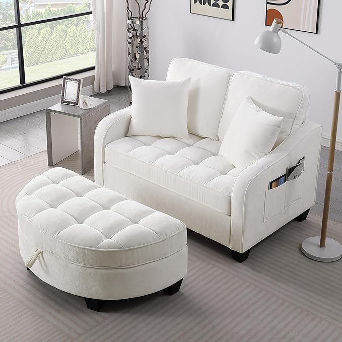 ERYE Chenille Tufted Loveseat Sofa and Ottoman Set Tufted Recliner Sleeper Chaise Lounge with Curved Storage OttomanReclining Backrest and Side Pockets 4 Pillows