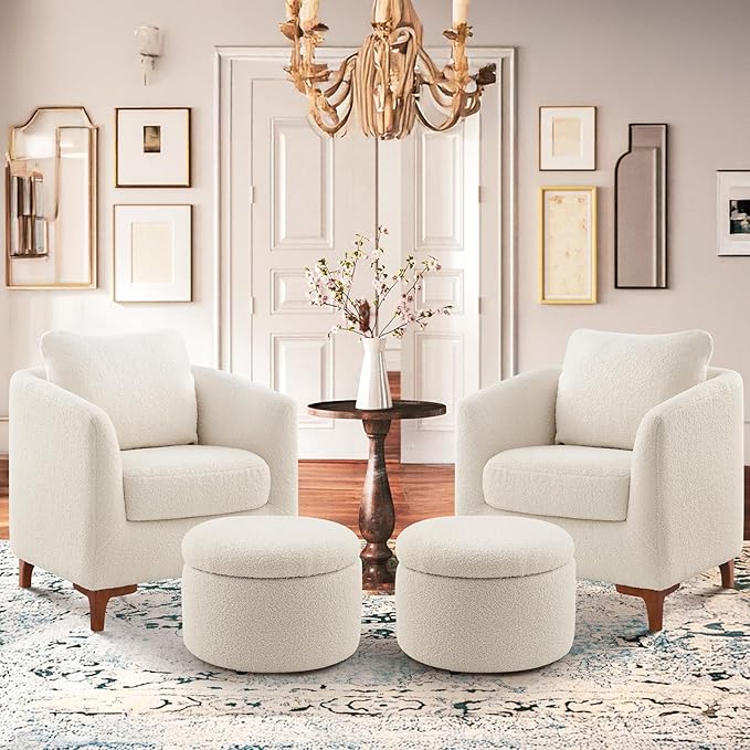 COLAMY Sherpa Accent Chair and Storage Ottoman Set of 2 Modern Upholstered Living Room Chair with Foot Rest Armchair with Back Pillow and Wooden Legs for Living Room Bedroom Classic Cream