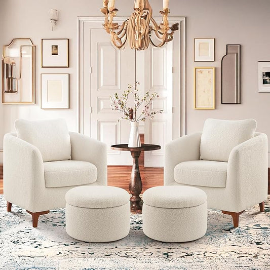 COLAMY Sherpa Accent Chair and Storage Ottoman Set of 2 Modern Upholstered Living Room Chair with Foot Rest Armchair with Back Pillow and Wooden Legs for Living Room Bedroom Classic Cream
