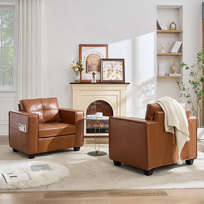 TYBOATLE Brown Faux Leather Accent Chairs Set of 2 Comfy Living Room Chair Reading Oversized Accent Chairs Tufted Mid Century Modern Arm Chair Wider Armchair for Office Bedroom Lobby