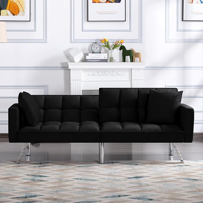 74 Futon Sofa BedConvertible Sleeper Couch with Adjustable Backrest and Pillows Comfy Velvet Cloud Sofa LoveseatModern Loveseat for Living Room and Bedroom（Black）