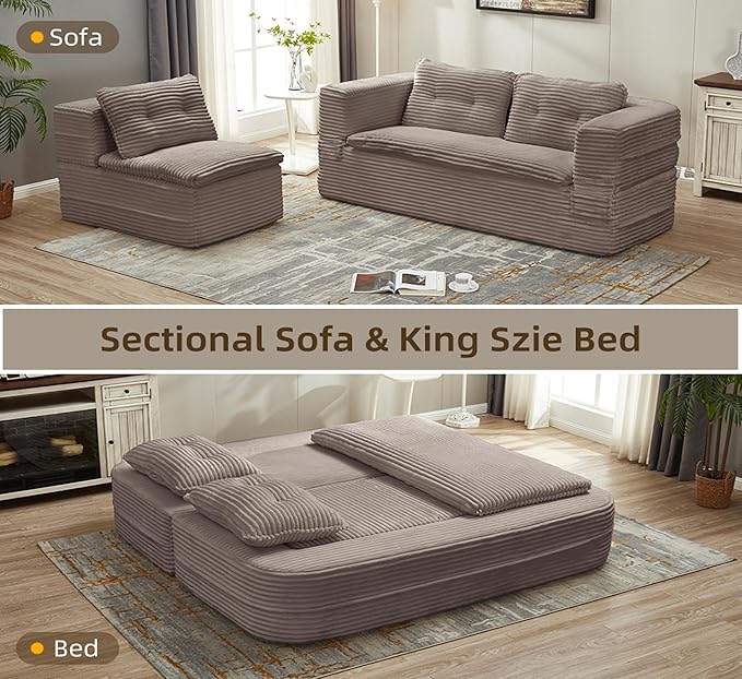 Sleeper Sofa with Chaise Lounge Convertible Sectional Couch Bed Plush Corduroy 3-Seat Sofa with Blanket Deep Seat King Size Sleeper for Small Apartment No Assembly Required (Coffee)