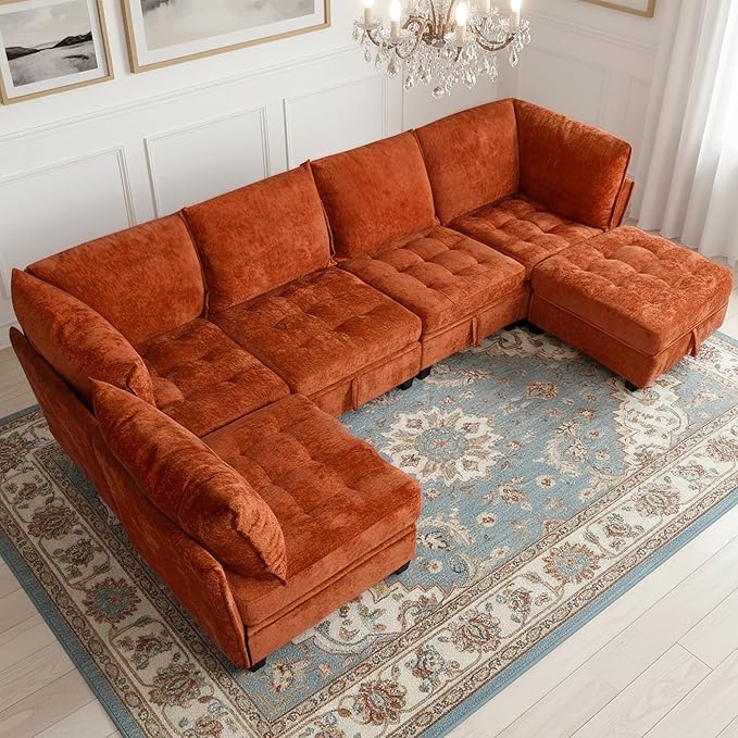 smilesun Oversized Modular Sectional Sofa with Storage Under Each Seat U-Shaped Chenille Sectional with Extra Deep and Wide Seats Convertible Comfy Couch for Living Room（Orange U-Shaped Couch）