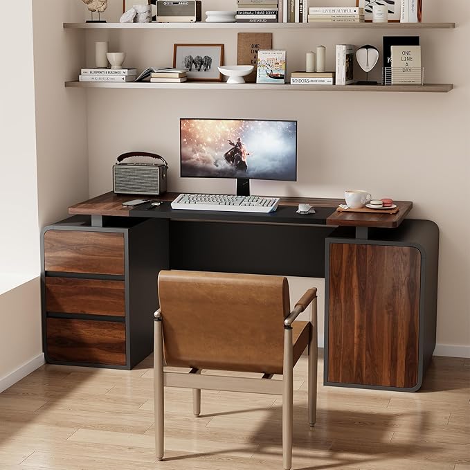 63-Inch Home Office Desk with 3 Drawers and Storage Cabinet Modern Farmhouse Executive Desks with 2 Tone Desktop and Privacy Panel for Living Room Bedroom Small Space Black &amp Walnut