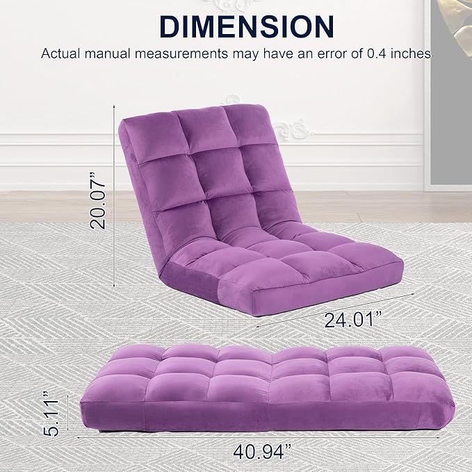 Floor Chair 24 inches Wide Oversized Velvet Armless Lay Flat Floor seat Padded Meditation Chair with 6 Adjustable Position Ergonomic Comfortable Convenient(LRSF-009-PURPLE)