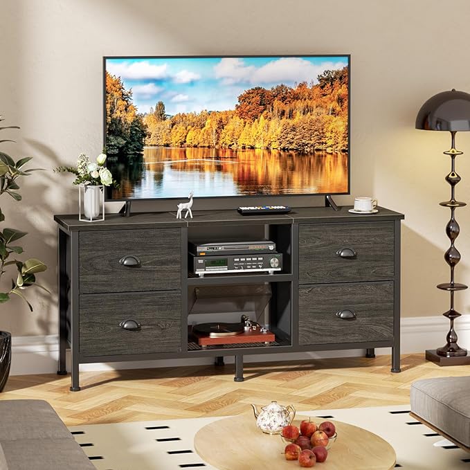Furologee TV Stand with 4 Drawers 43 inch Entertainment Center with Open Shelves Media Center for 50 TV Television Stand for Bedroom Living Room/Light Black Oak