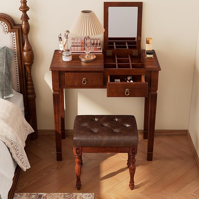 Makeup Vanity Desk Set with Flip Top Mirror 31.5 Wooden Vanity Table with Mirror Compact Dressing Table with 2 Drawers &amp 7 Compartments Writing Desk with Padded Stool for Bedroom Cherry+Brown