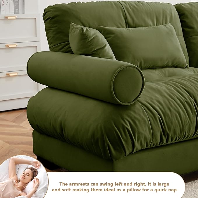 Setawix Modern U-Shaped 2 Seater Cloud Sofas Couches with Deep Seat for Living RoomComfy Velvet Modular Sectional Sofa with Movable OttomansDIY Combination CouchTufted(Olive)