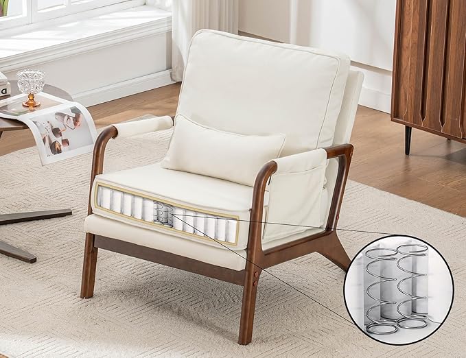 Mid Century Modern Chair Upholstered Lounge Arm Chair with Solid Wood Frame Comfy Accent Chair for Living Room Bedroom Reading Reception Beige