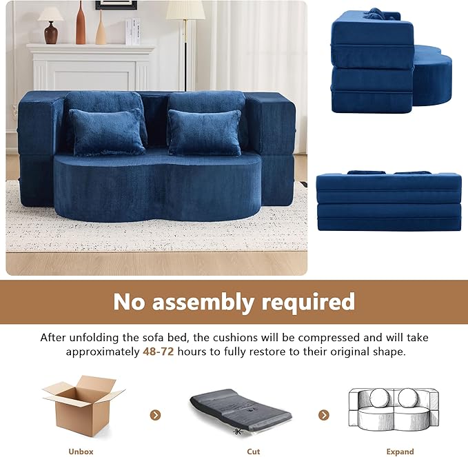 2-in-1 Folding Sofa Bed with Pillow No Assembly Futon Twin Size Sofa Bed Breathable Velvet Convertible Couch Bed for Living Room and Guest Room 78.7 Inch Blue