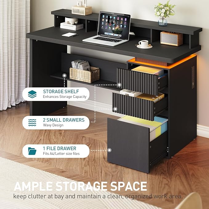 59 Executive Desk with Drawer Fluted Computer Desk with File Drawer &amp Monitor Stand Home Office Desk with Power Outlet LED Light Modern Fluted Computer Writing Desk with Storage Black