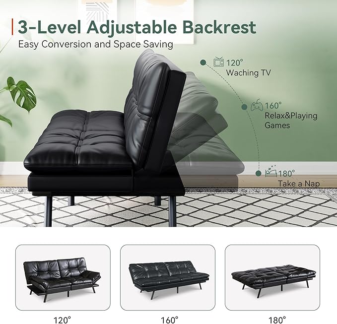Opoiar 71 L Covertible Futon Sofa BedFaux Leather Futon Couch Memory Foam Modern Loveseat Sleeper Small Splitback Sofa Couches for Living RoomRVHome OfficeApartmentBlack