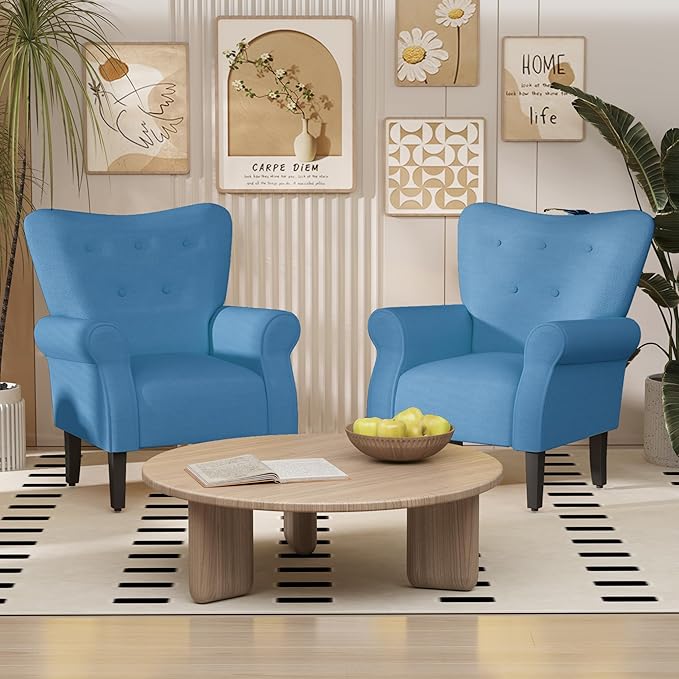 MELLCOM Mid Century Wingback Arm ChairModern Upholstered Fabric High Back Accent Chair with Wood LegsUpholstered Single Sofa Club Chair for Living Room Bedroom Home Office Blue