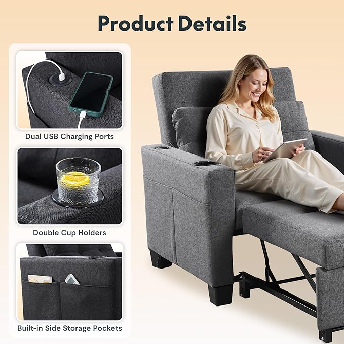 FLEXISPOT XCT2 Sleeper Chair Bed Sofa Bed Chair 3 in 1 w/USB Port Pillow Cup Holders Convertible Pull Out Bed W/Adjustable Backrest for Living Room Apartment Small Space Grey