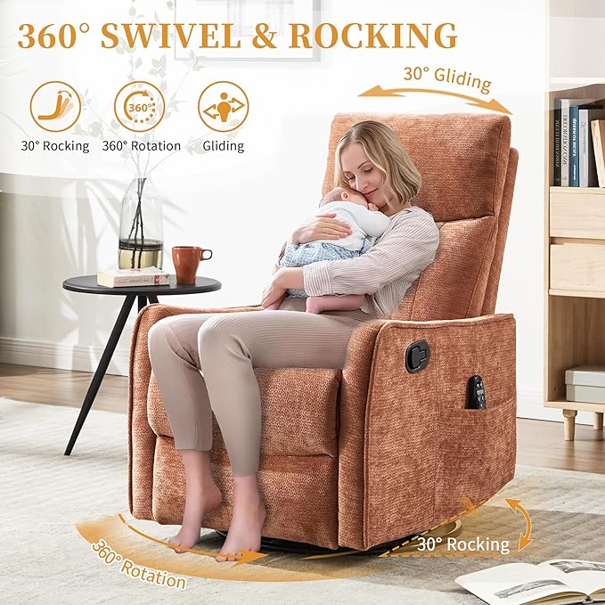 Small Swivel Rocker Recliner Chair for Nursery Heat &amp Massage Manual Upholstered 360° Fabric Glider Chair Small Recliners for Small Spaces Living Room (Orange)