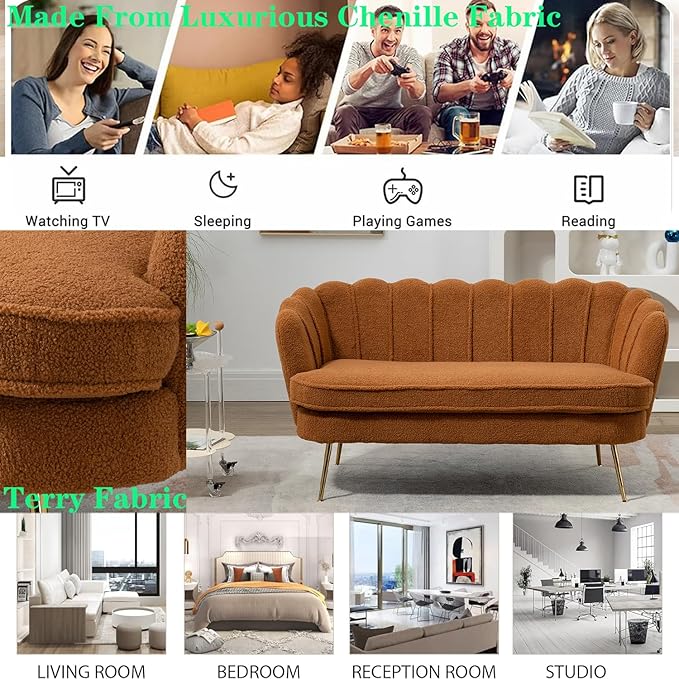 Modern Boucle Loveseat CouchFuton Small Sofa with Gold Metal Legs 2-Seater Upholstered Mini Sofa Couches for Small SpaceLiving Room Bedroom Office Dorm Studio Apartment Love Seat Couche(Brown)