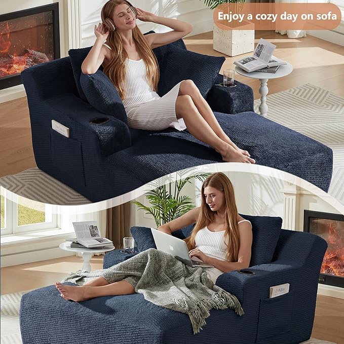66 Oversized Chaise Lounge Chair Indoor Modern Upholstered Deep Seat Sofa Bed Sleeper Couch Reading Chairs Comfy Corduroy Cloud Sofas Couches for Living Room No Assembly Dark Blue