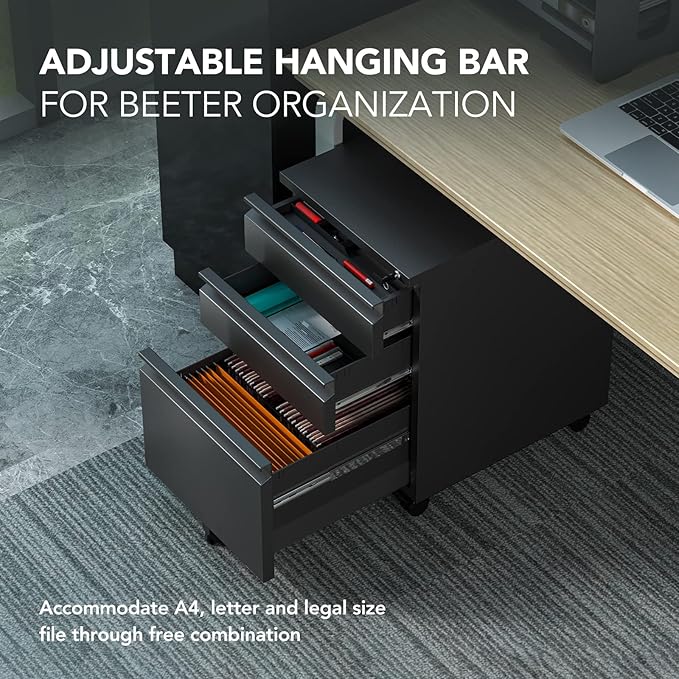 FLEXISPOT 3-Drawer Mobile File Cabinet for Home Office - Under Desk Storage Locking Keys Organizer for Legal/Letter/A4 Files Black