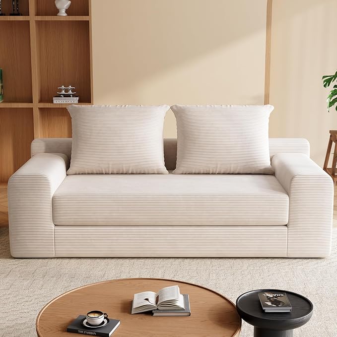 Chogori Loveseat Sleeper Sofa Bed Modern Corduroy Boneless Convertible Couch with Pull-Out Seat Cushion Two Seater Couch for Living Room Bedroom Apartment Home Office No Assembly (Beige)