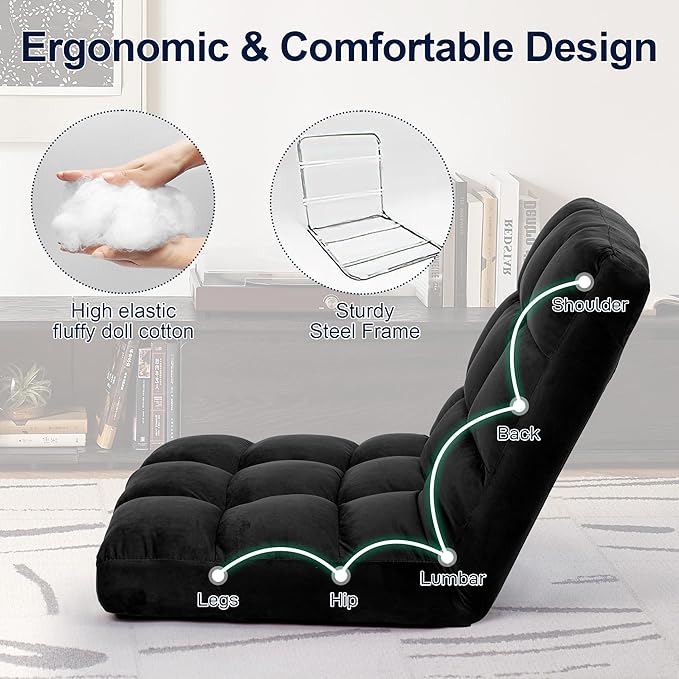 Floor Chair 24 inches Wide Oversized Velvet Armless Lay Flat Floor seat Padded Meditation Chair with 6 Adjustable Position Ergonomic Comfortable Convenient(LRSF-016-BLACK)