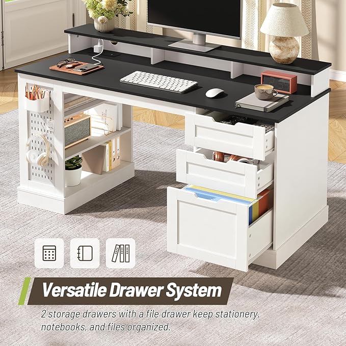 55-Inch Farmhouse Executive Desk with 2 Drawers and File Cabinet Computer Desk with 3-Tier Storage Shelves Home Office Desk with Charging Station Pegboard and Monitor Shelf White and Black