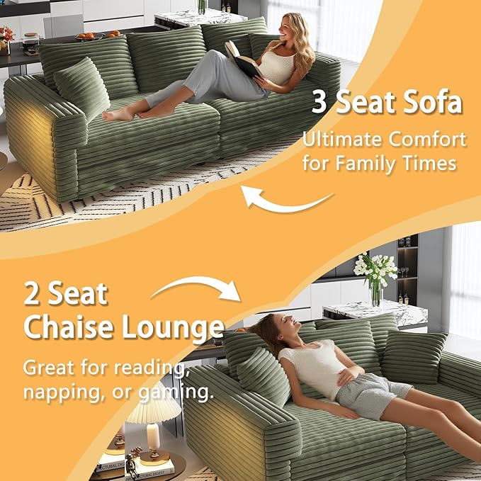 82.7'' Oversized Corduroy Couch Modular Sectional Sofa with 2 Ottomans Upholstered 3 Deep Seat U Shape Sofa Convertible Cloud Couches with Chaise Lounge for Living Room Apartment Green