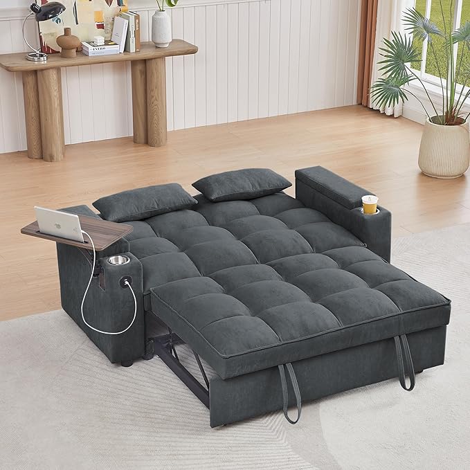 65'' 3-in-1 Folding Convertible Sofa Bed Pullout Sofa Modern Chenille Fabric 360° Swivel Side Table Easy Assembly Perfect for Living Room Grey