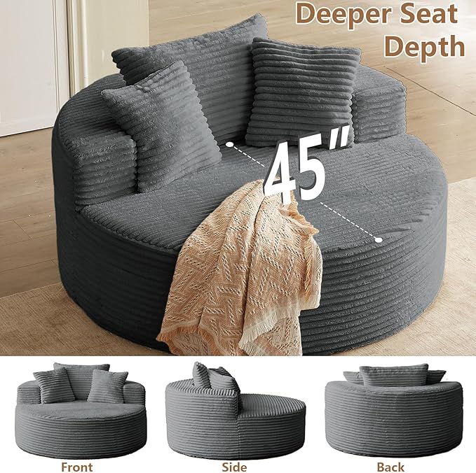 Oversized Round Chair Lounge Chaise Indoor Upholstered Corduroy Deep Seat Cloud Large Circle Sofa Chair No Assembly Required Fluffy Modern Sleeper Sofa Bed for Reading Living Room Bedroom Gray