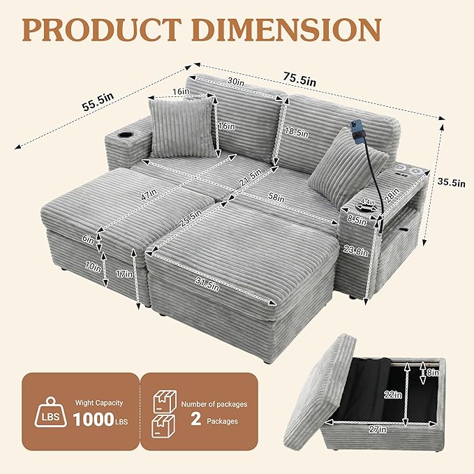 Double Chaise Lounge Chair Indoor Oversized Loveseat with Ottoman Storage USB Charging Cup Holders Phone Stand LED Corduroy Couch (Grey)