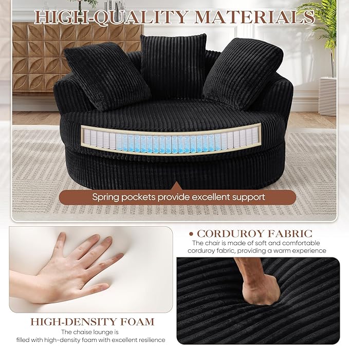 61W Oversized Round Chaise Lounge Chair Indoor Upholstered Corduroy Large Circle Boneless Chair with Deep Seat No Assembly Required Modern Comfy Cloud Sofa Chairs for Living Room Bedroom(Black)