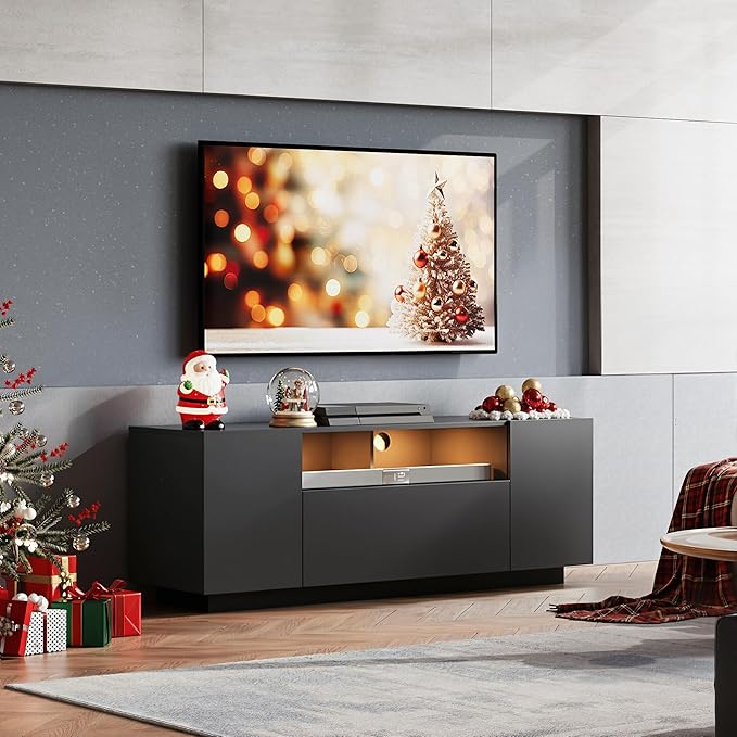 WLIVE TV Stand with LED Lights &amp Large Storage Cabinet Modern Entertainment Center for 32/43/50/55 Inchs TVs Sturdy Media Console for Living Room BedroomGaming(Black)