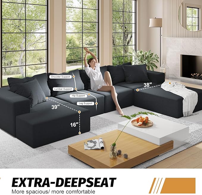 151 Oversized Modular Sectional Sofa Chenille Upholstery Boneless Couch with 6 Pillows 6-Seater Deep Seat Cloud Couch Free Combination Compression Couches for Living Room No Assembly Black