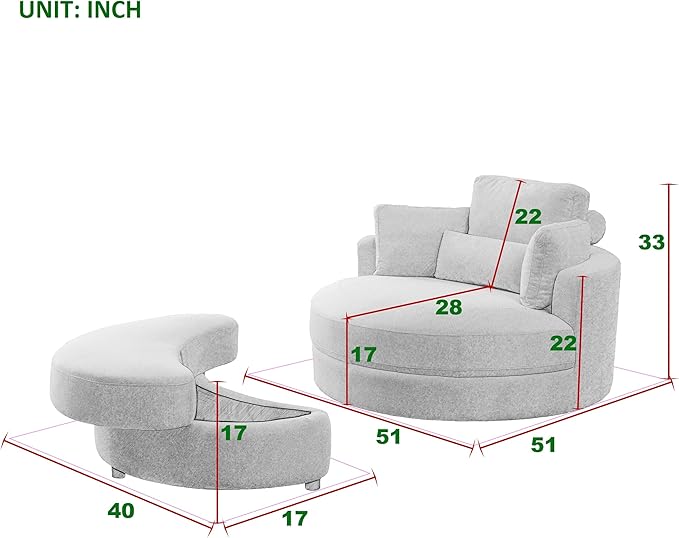 Oversized Swivel Accent Round Chair Modern Upholstered Sofa with Pillows Cozy Leisure Chair for Living Room Bedroom Home Office Club (Linen Light Gray)