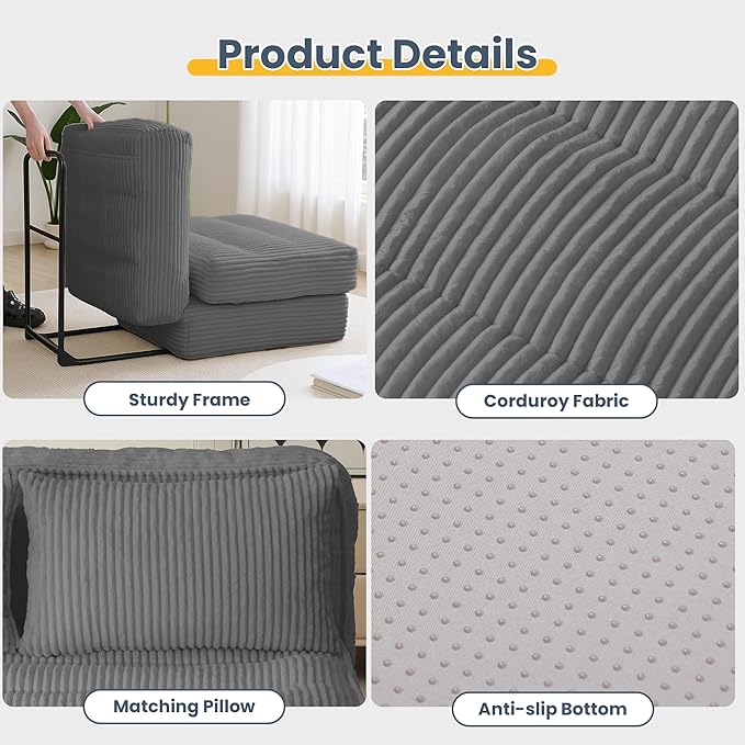 Single Convertible Sofa Bed with Fixed Frame &amp Thickened Cushion Boneless Couch Folding Chair Bed with 5-Position Adjustable Backrest Pull-Out Futon with Pillow for Small Spaces ApartmentGrey