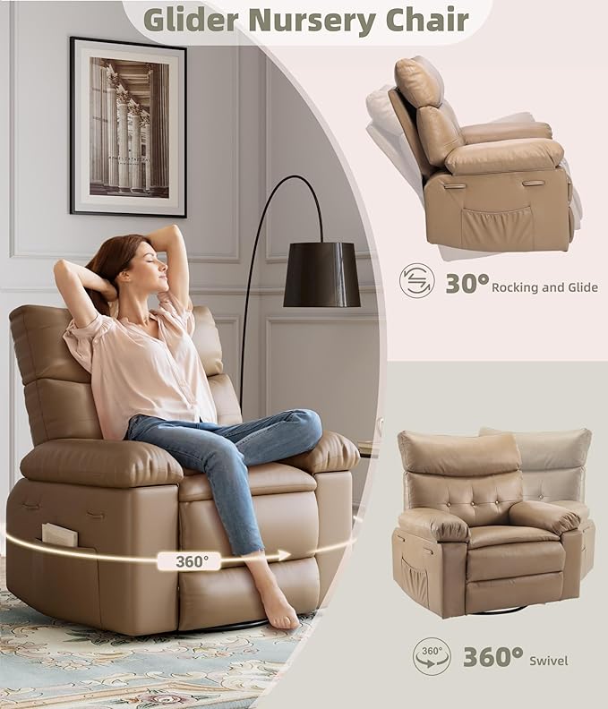 Garvee Oversized Wide Rocker Swivel Recliner Chair - PU Leather Manual Recliner for Adults Large Nursery Glider Chair Lazy Recliner with Comfort Arm and Back for Living Room Bedroom
