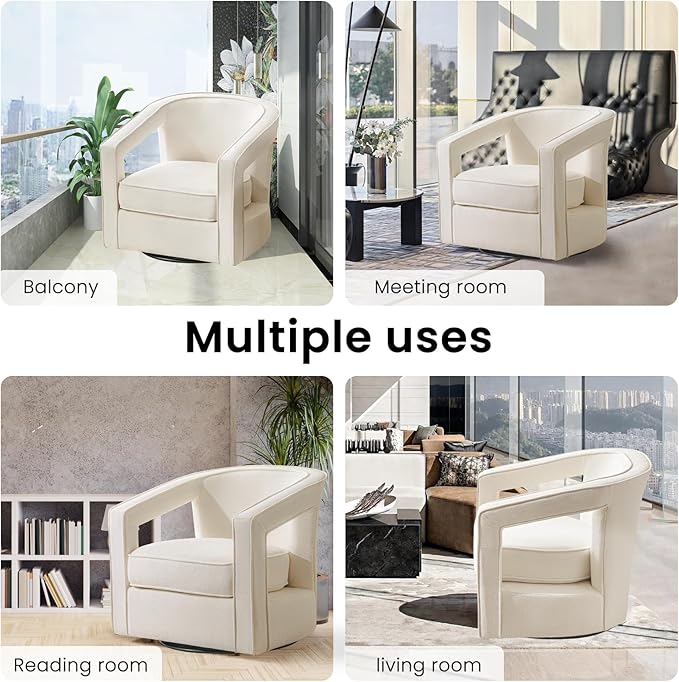 Furniliving Chenille Swivel Accent Chair for Living Room Upholstered Barrel Chair with Curved Back Comfortable Reading Chair for Bedroom Balcany Home Office White