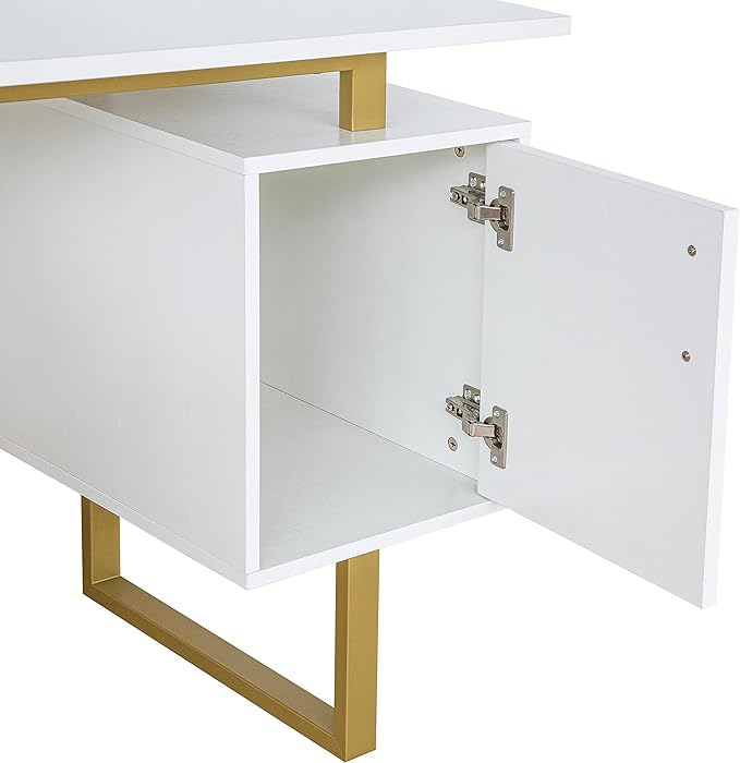 Techni Mobili Storage Drawers and Cabinet 51.25” W-Modern Office Large Floating Desktop Surface Desk 23.6 D x 51.2 W x 29.8 H White/Gold