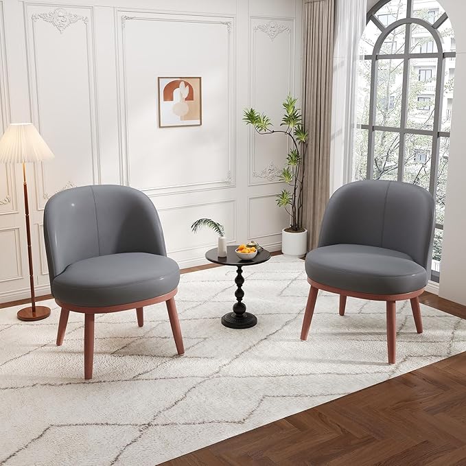 Accent Chair Set of 2 PU Leather Mid-Century Modern Chair for Small Space Comfy Upholstered Armless Chair for Living Room Bedroom Dark Gray