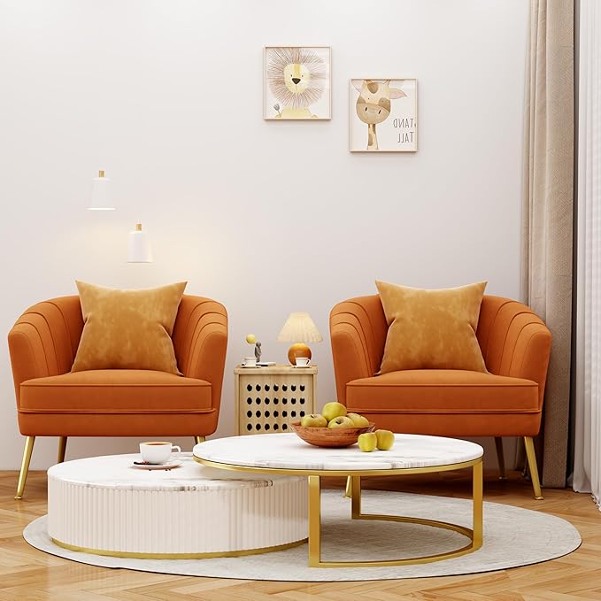 Velvet Accent Chairs for Living Room Bedroom Office Leisure Upholstered Single Sofa Chair Arm Chair Comfy Chair Reading Club Coffee Chair with Metal Legs Orange