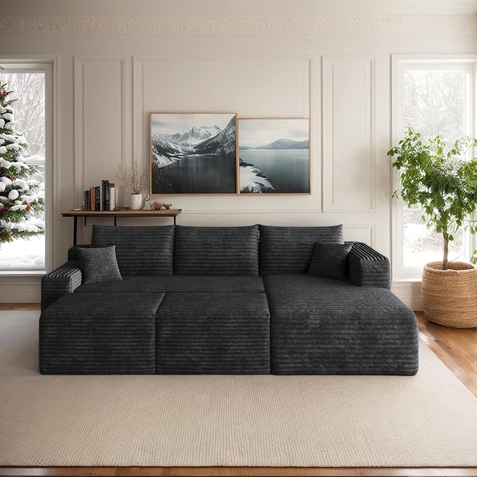 94 Corduroy Upholstered Boneless Couches with Chaise/2 Ottoman Oversized Modular Sectional Sofa with Deep Seat Cloud Sectional Fluffy Couches for Living Room No Assembly Required (Black) | Removab