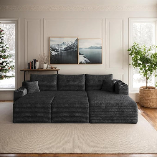 94 Corduroy Upholstered Boneless Couches with Chaise/2 Ottoman Oversized Modular Sectional Sofa with Deep Seat Cloud Sectional Fluffy Couches for Living Room No Assembly Required (Black) | Removab